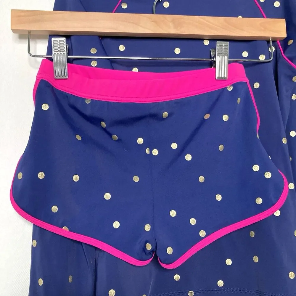 Boden Rash Guard Girls 9-10Y Navy Blue Gold Polka Dot UPF 40+ Swimsuit Set